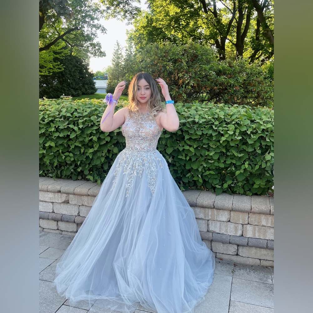Silver Grey Gem Ball Gown Morilee formal prom dress.